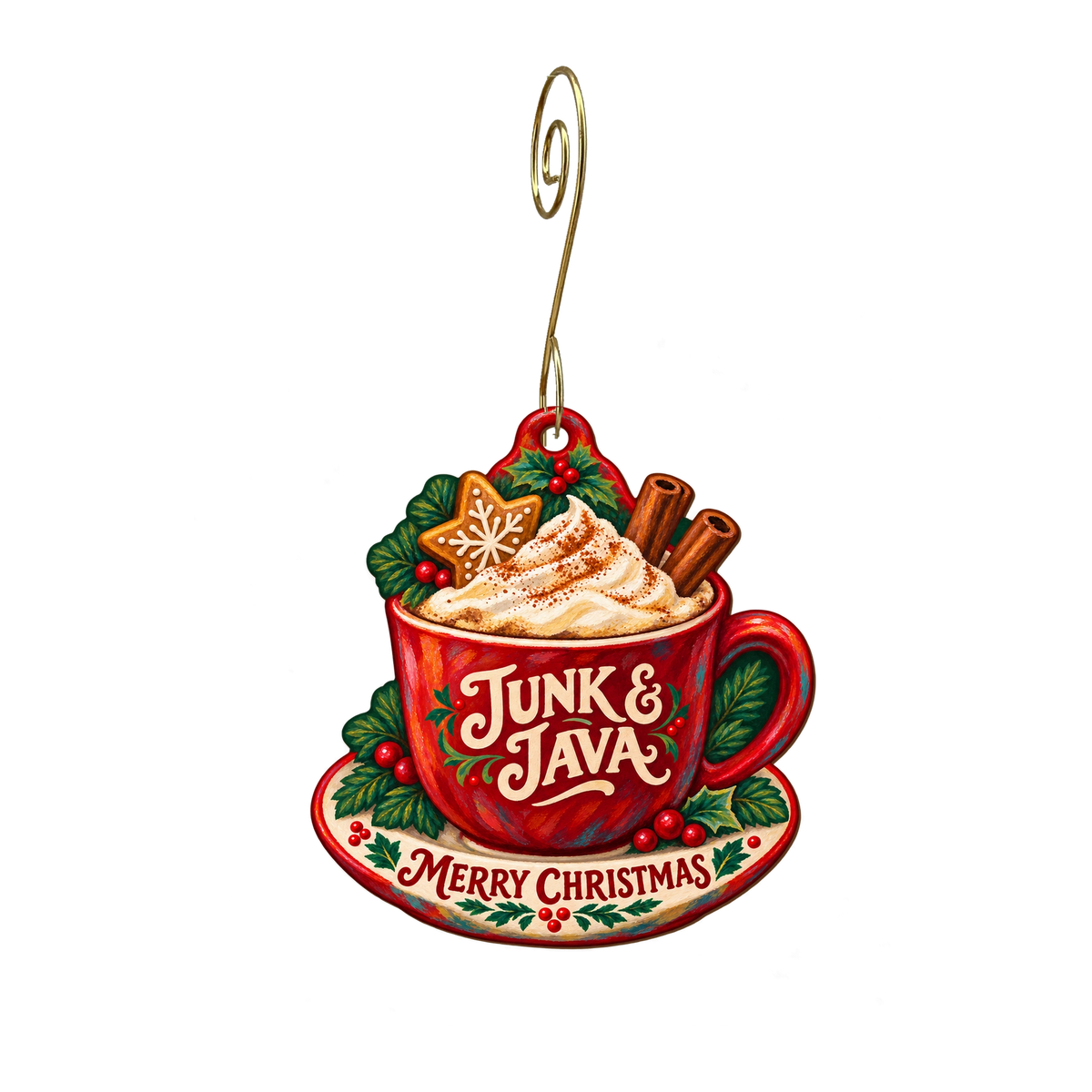 Junk & Java — Christmas custom wood ornament OC2160, photographic gold spiral hook