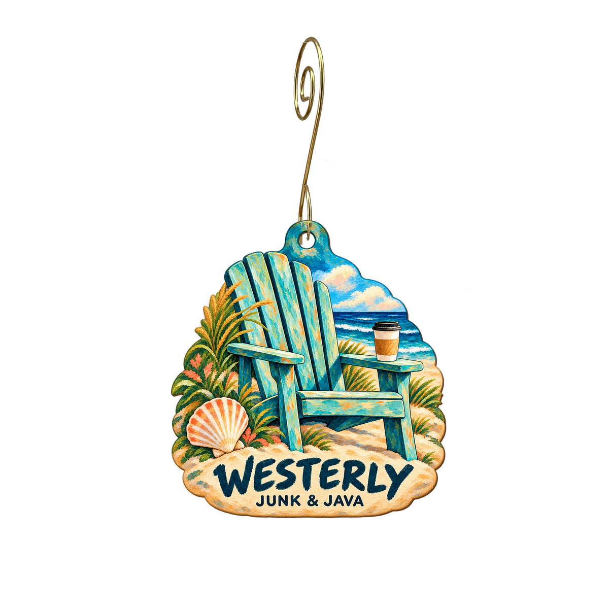 Junk & Java — Local inspiration custom wood ornament OC2161, photographic gold spiral hook