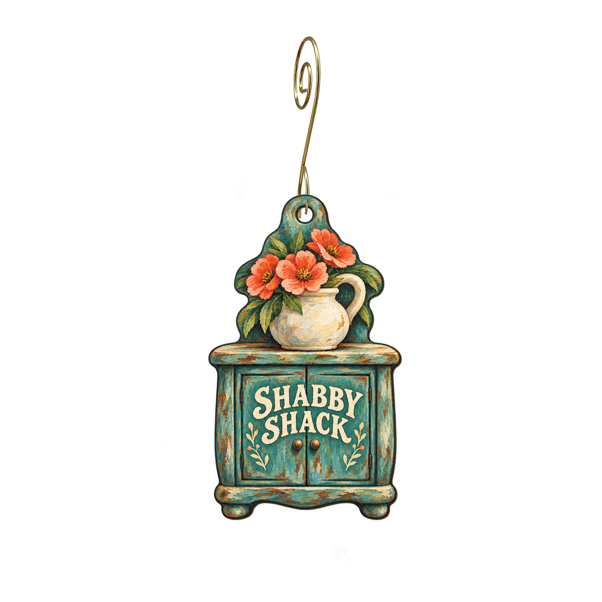 Shabby Shack — Store identity custom wood ornament OC2162, photographic gold spiral hook