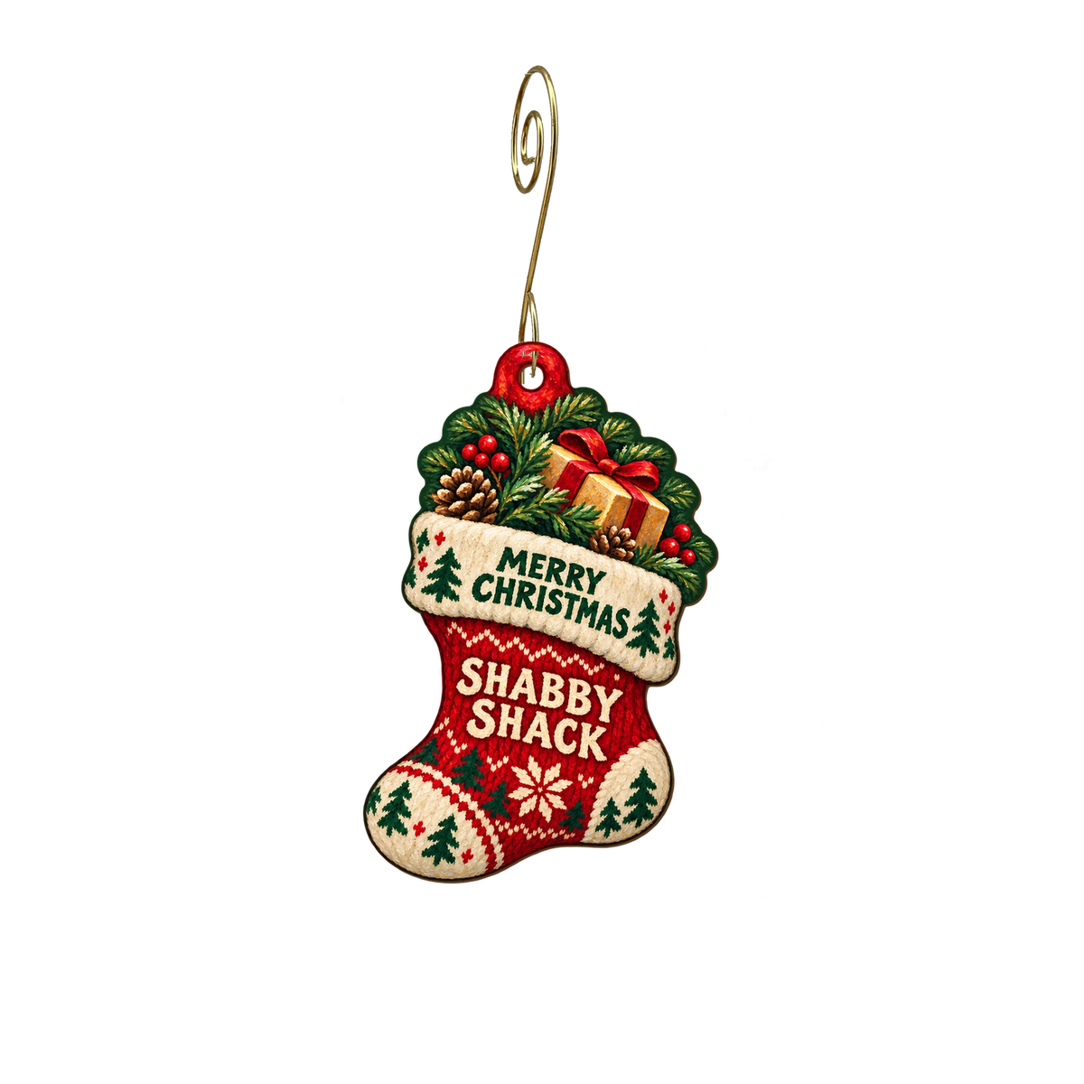 Shabby Shack — Christmas custom wood ornament OC2163, photographic gold spiral hook
