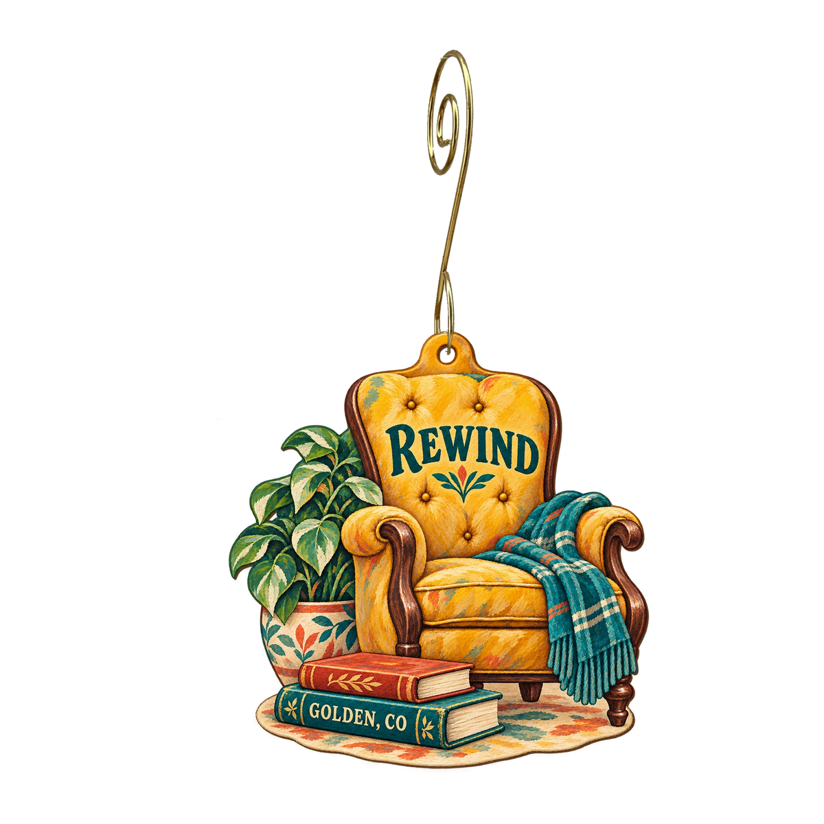 Rewind — Store identity custom wood ornament OC2165, photographic gold spiral hook