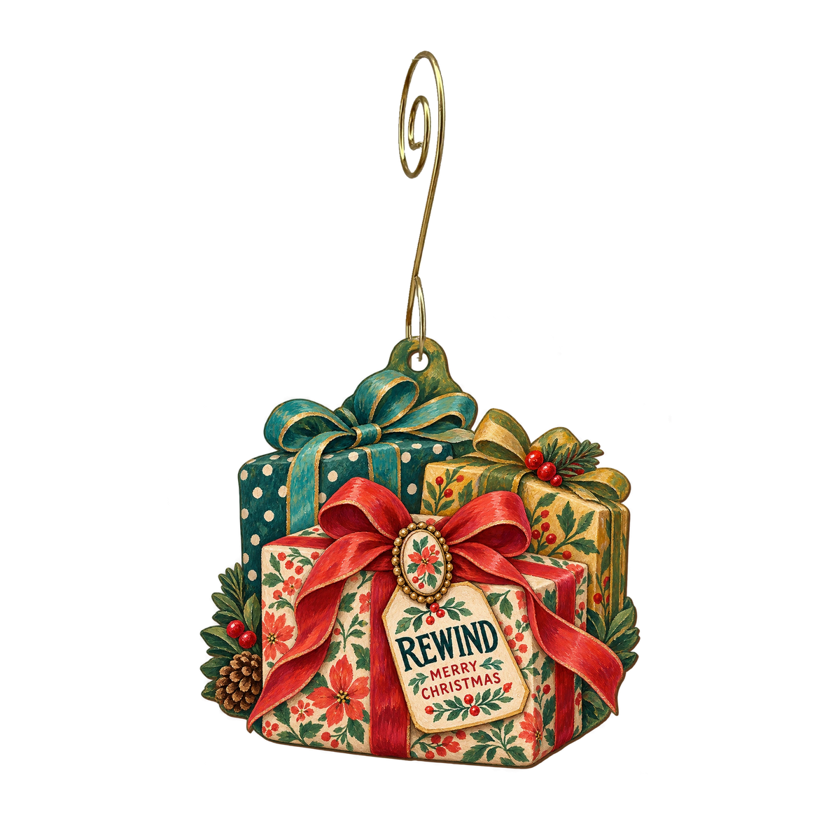 Rewind — Christmas custom wood ornament OC2166, photographic gold spiral hook
