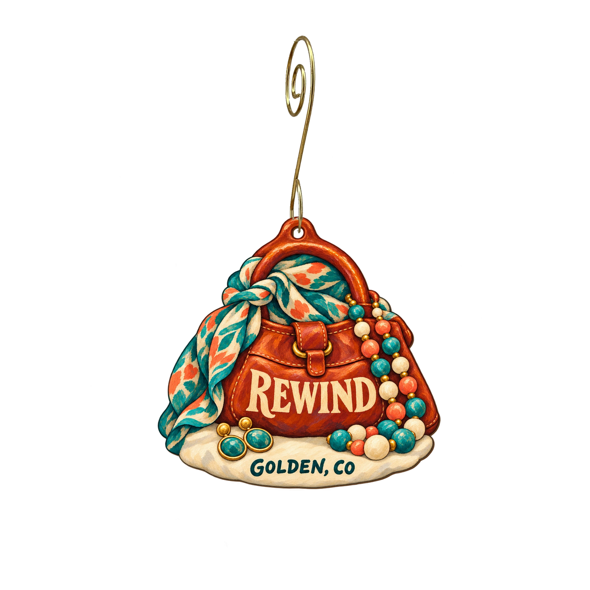 Rewind — Local inspiration custom wood ornament OC2167, photographic gold spiral hook
