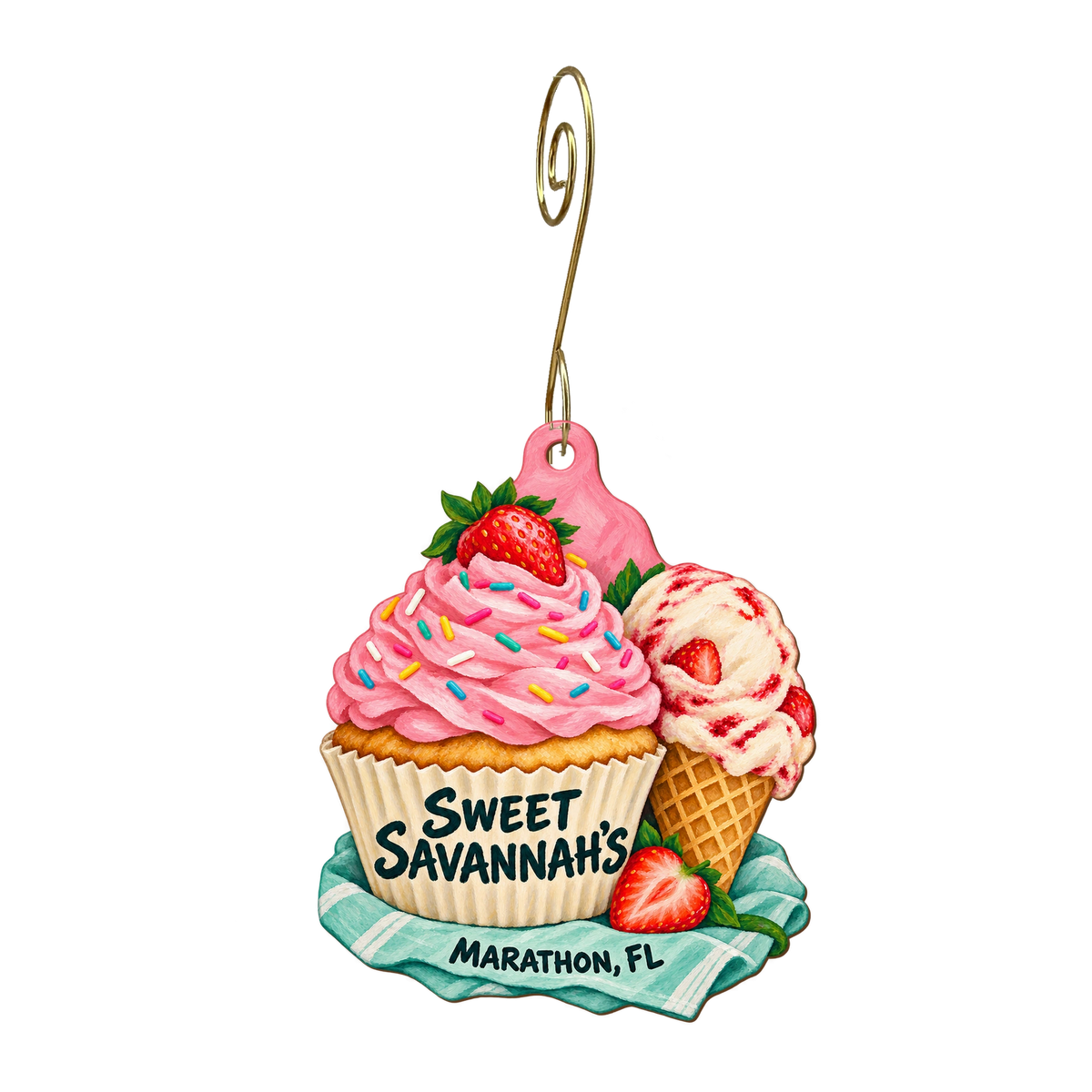 Sweet Savannah’s of the Fl keys — Store identity custom wood ornament OC2168, photographic gold spiral hook