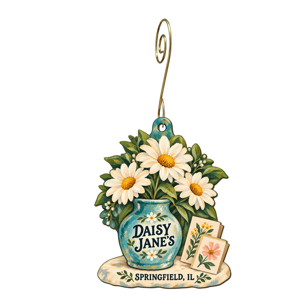 Daisy Jane's — Store identity custom wood ornament OC2171, photographic gold spiral hook