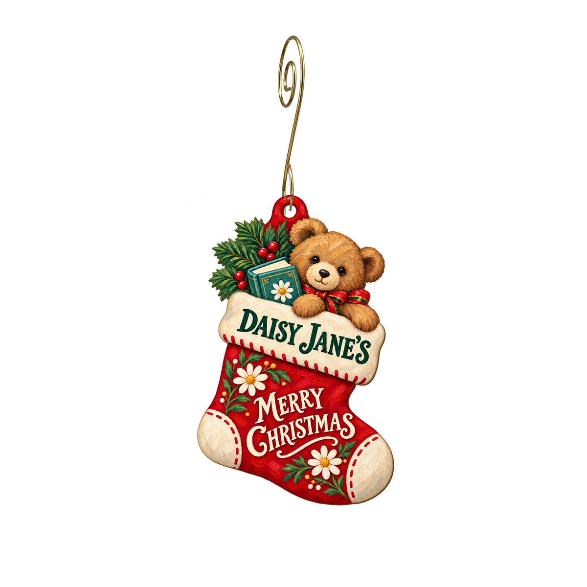 Daisy Jane's — Christmas custom wood ornament OC2172, photographic gold spiral hook