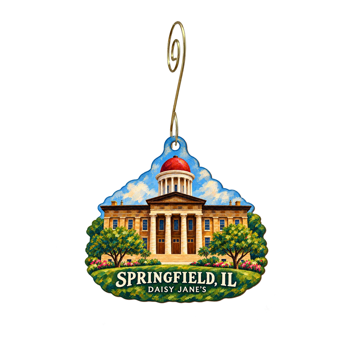 Daisy Jane's — Local inspiration custom wood ornament OC2173, photographic gold spiral hook