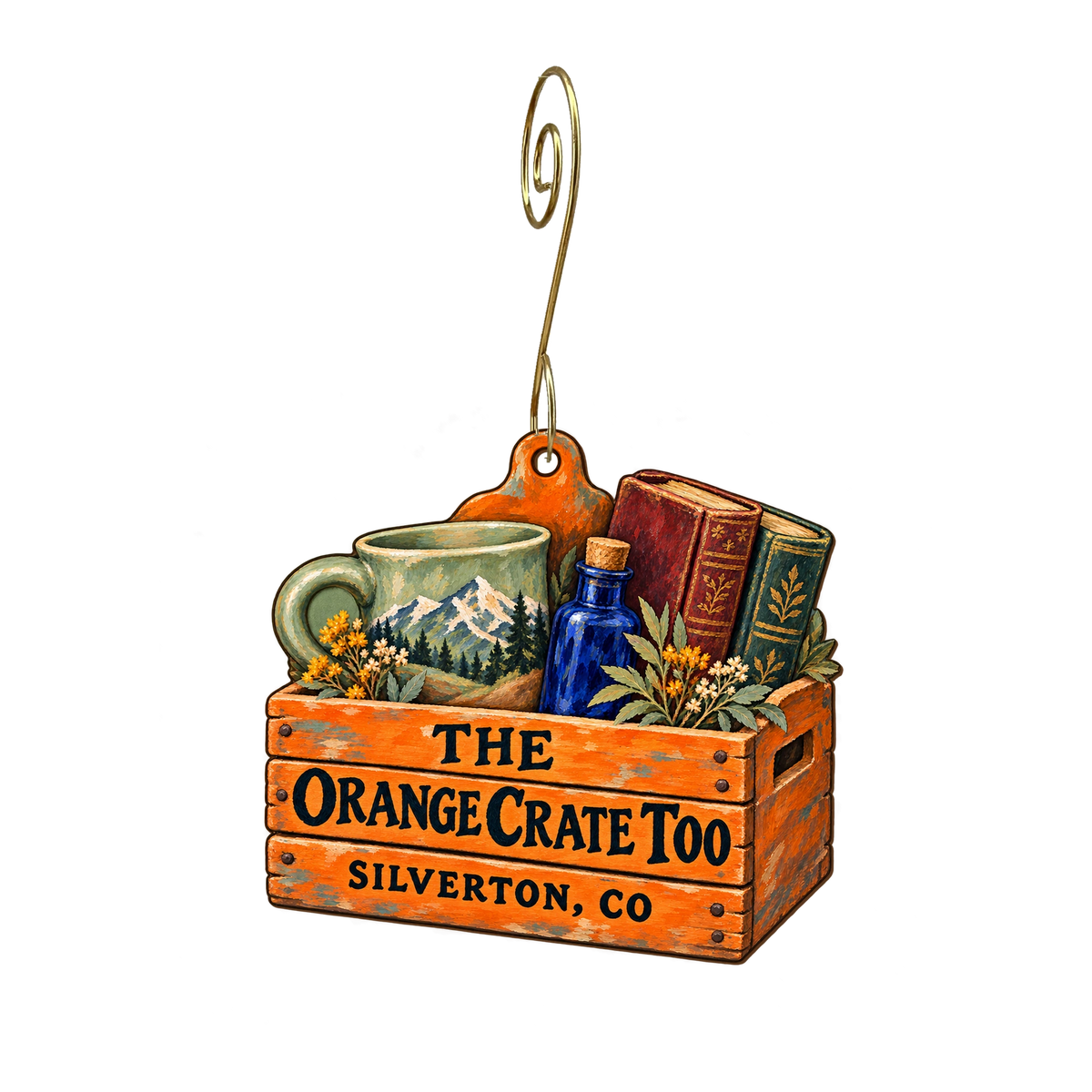 The Orange Crate Too — Store identity custom wood ornament OC2174, photographic gold spiral hook