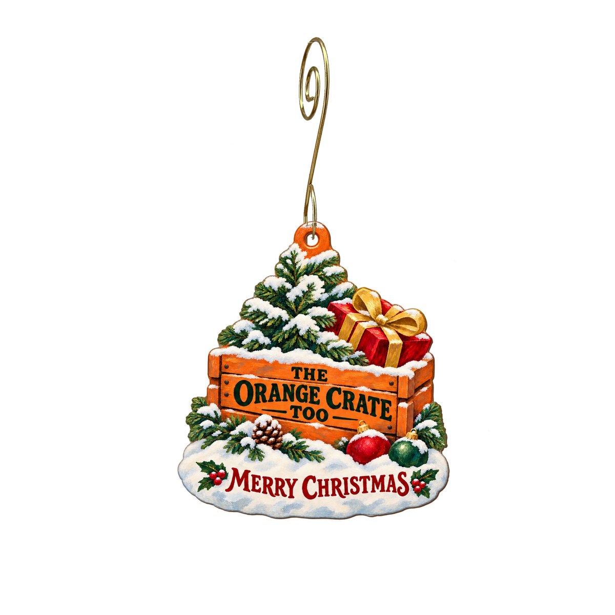 The Orange Crate Too — Christmas custom wood ornament OC2175, photographic gold spiral hook