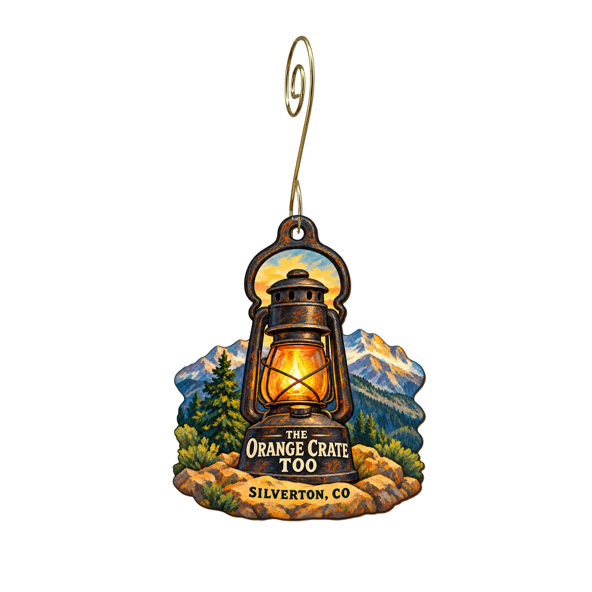 The Orange Crate Too — Local inspiration custom wood ornament OC2176, photographic gold spiral hook
