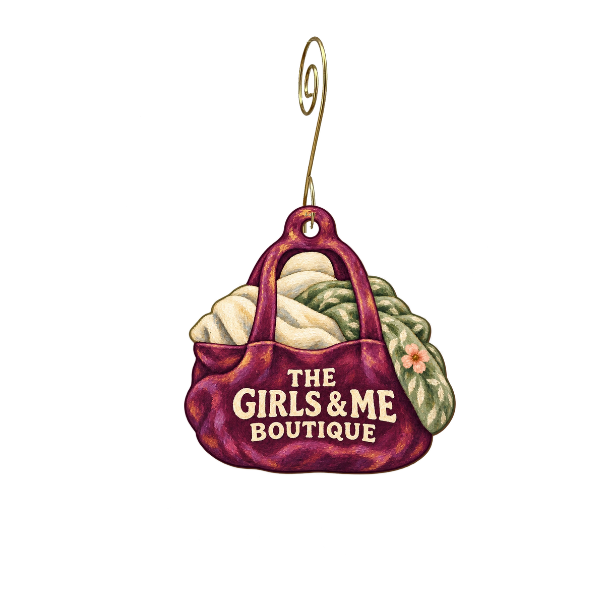 The Girls & Me Boutique — Store identity custom wood ornament OC2177, photographic gold spiral hook