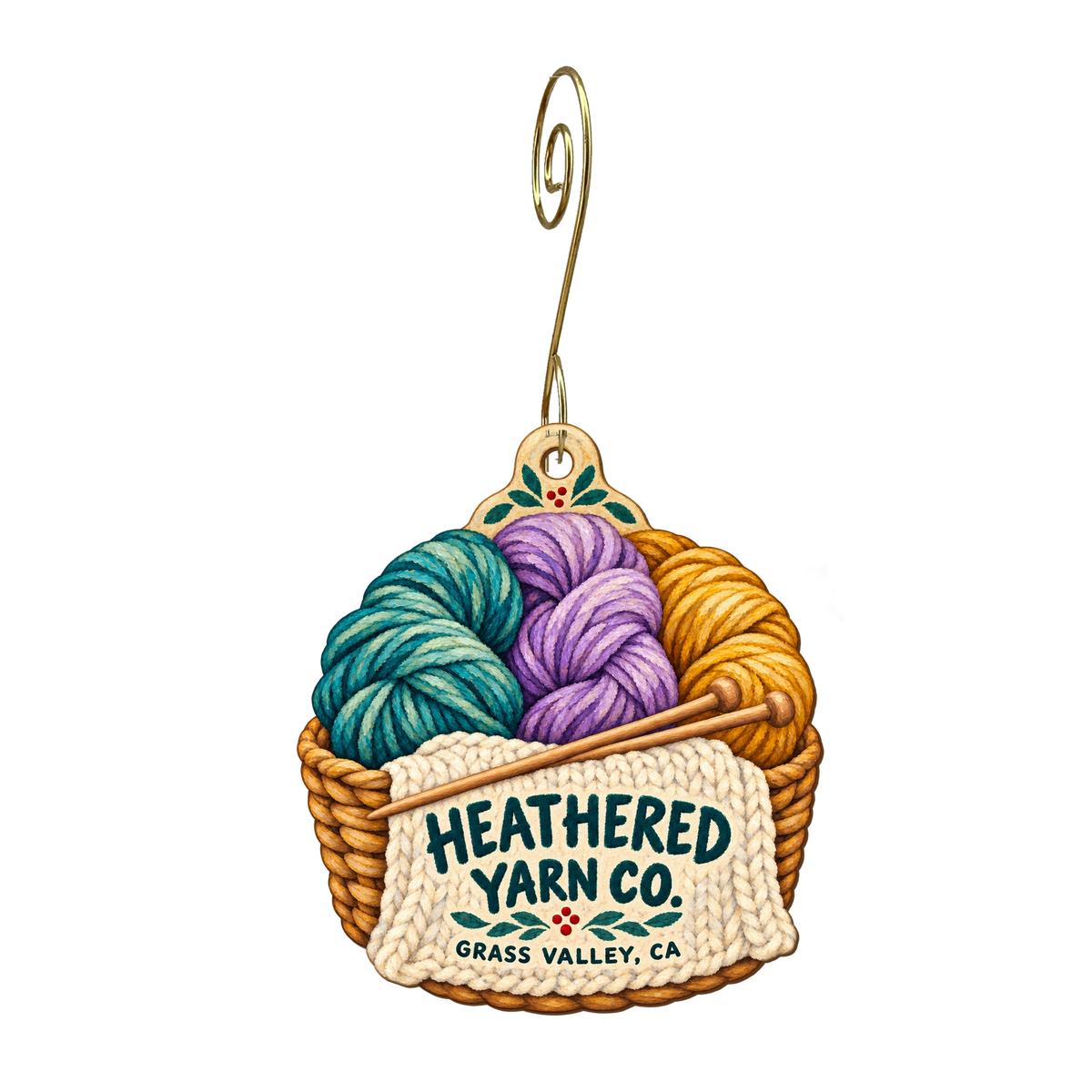 Heathered Yarn Co — Store identity custom wood ornament OC2180, photographic gold spiral hook