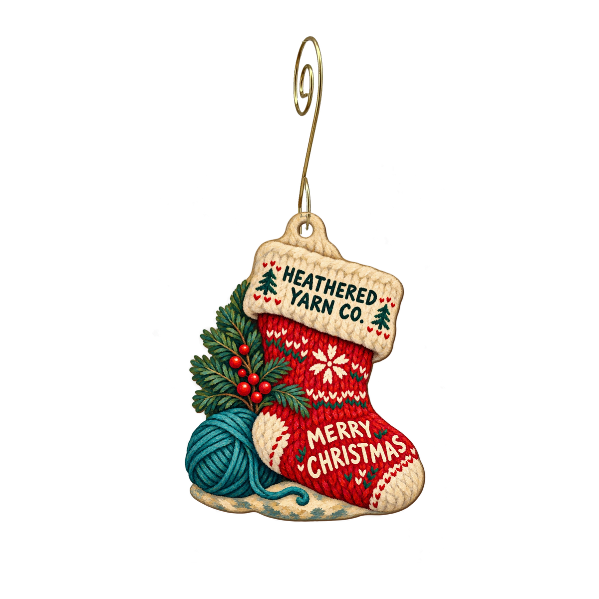 Heathered Yarn Co — Christmas custom wood ornament OC2181, photographic gold spiral hook