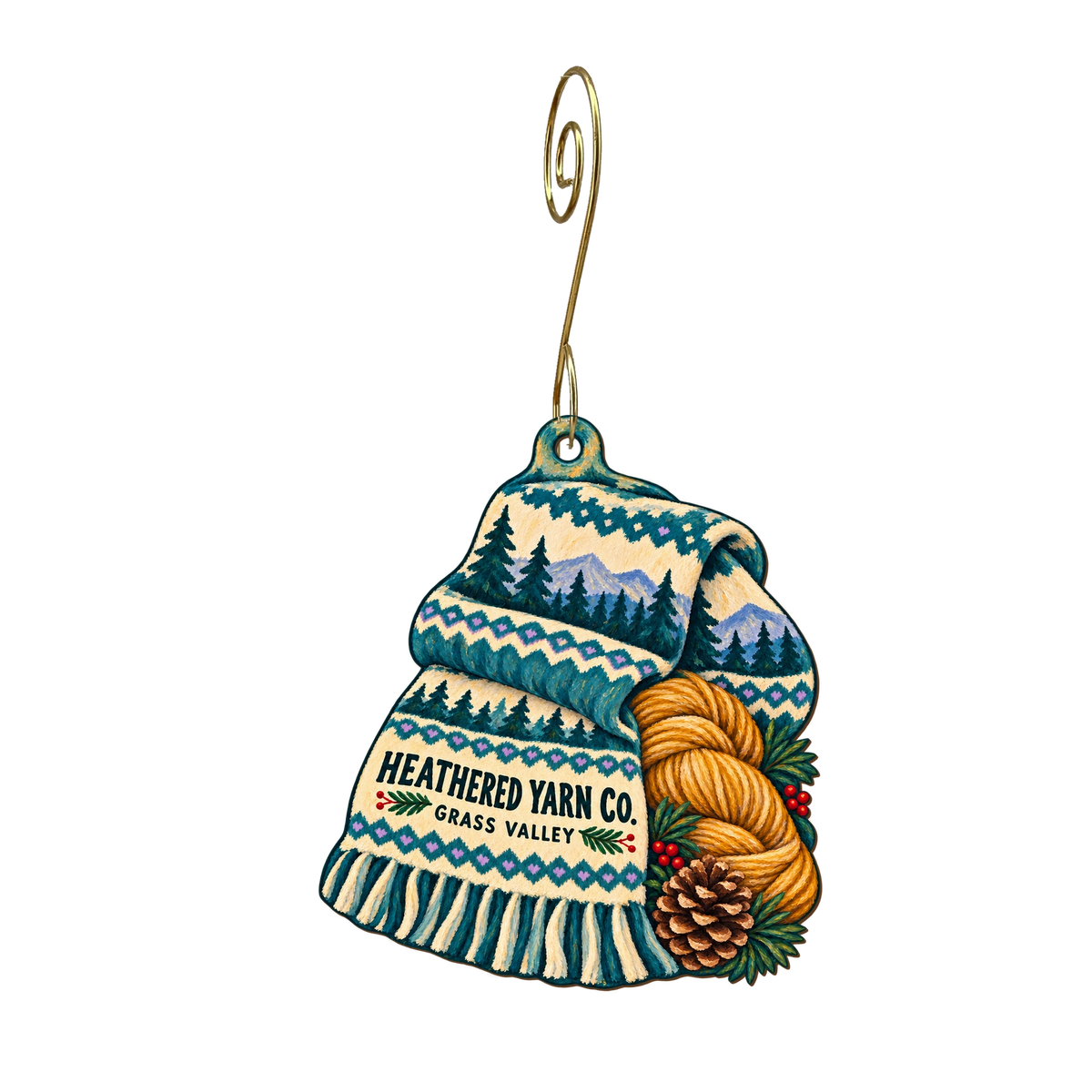 Heathered Yarn Co — Local inspiration custom wood ornament OC2182, photographic gold spiral hook