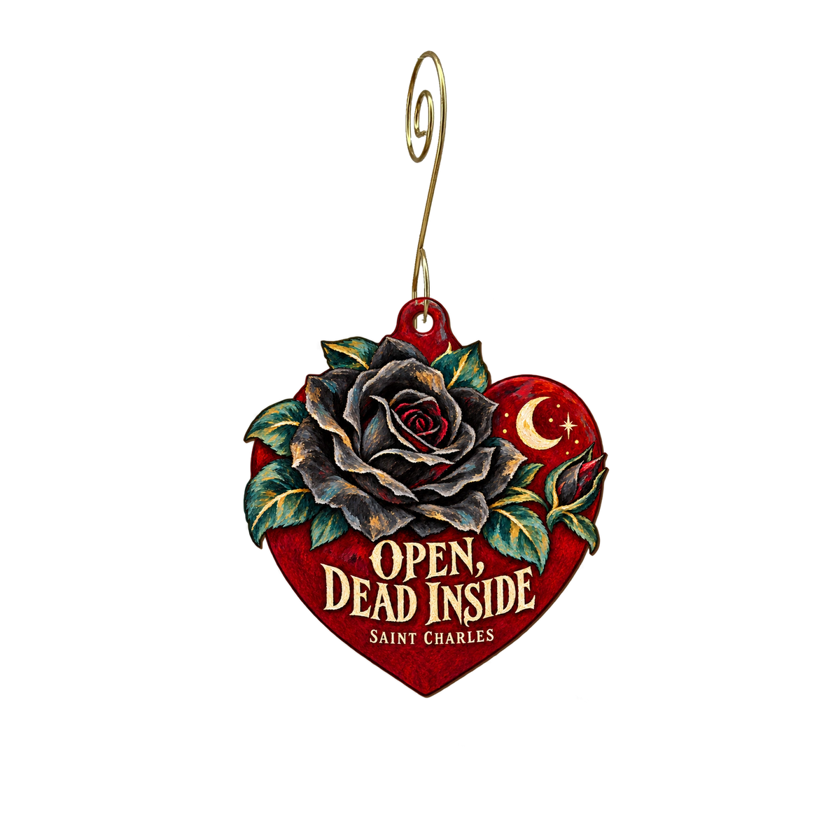 Open, Dead Inside — Store identity custom wood ornament OC2183, photographic gold spiral hook