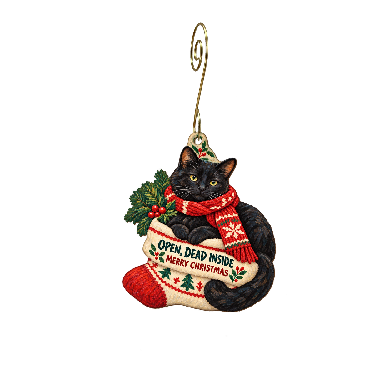 Open, Dead Inside — Christmas custom wood ornament OC2184, photographic gold spiral hook