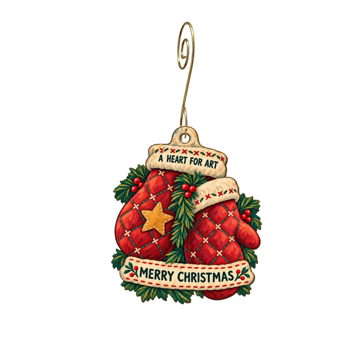 A Heart for Art — Christmas custom wood ornament OC2187, photographic gold spiral hook