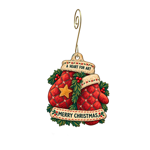 A Heart for Art — Christmas custom wood ornament OC2187, photographic gold spiral hook