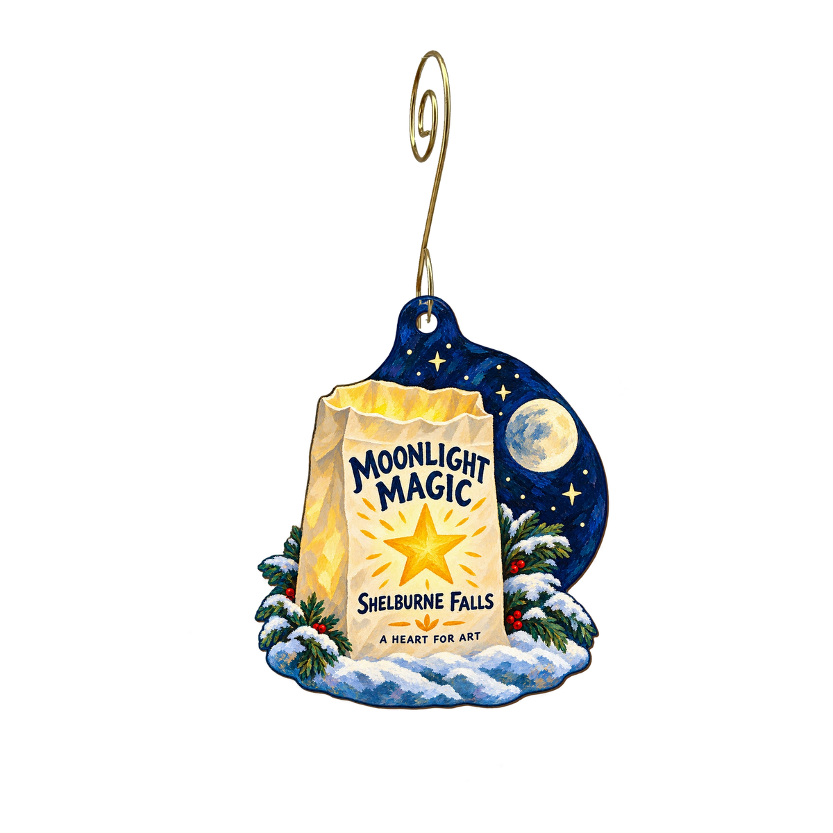 A Heart for Art — Local inspiration custom wood ornament OC2188, photographic gold spiral hook