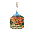 Visit Cedar City — Store identity custom wood ornament OC2189, photographic gold spiral hook