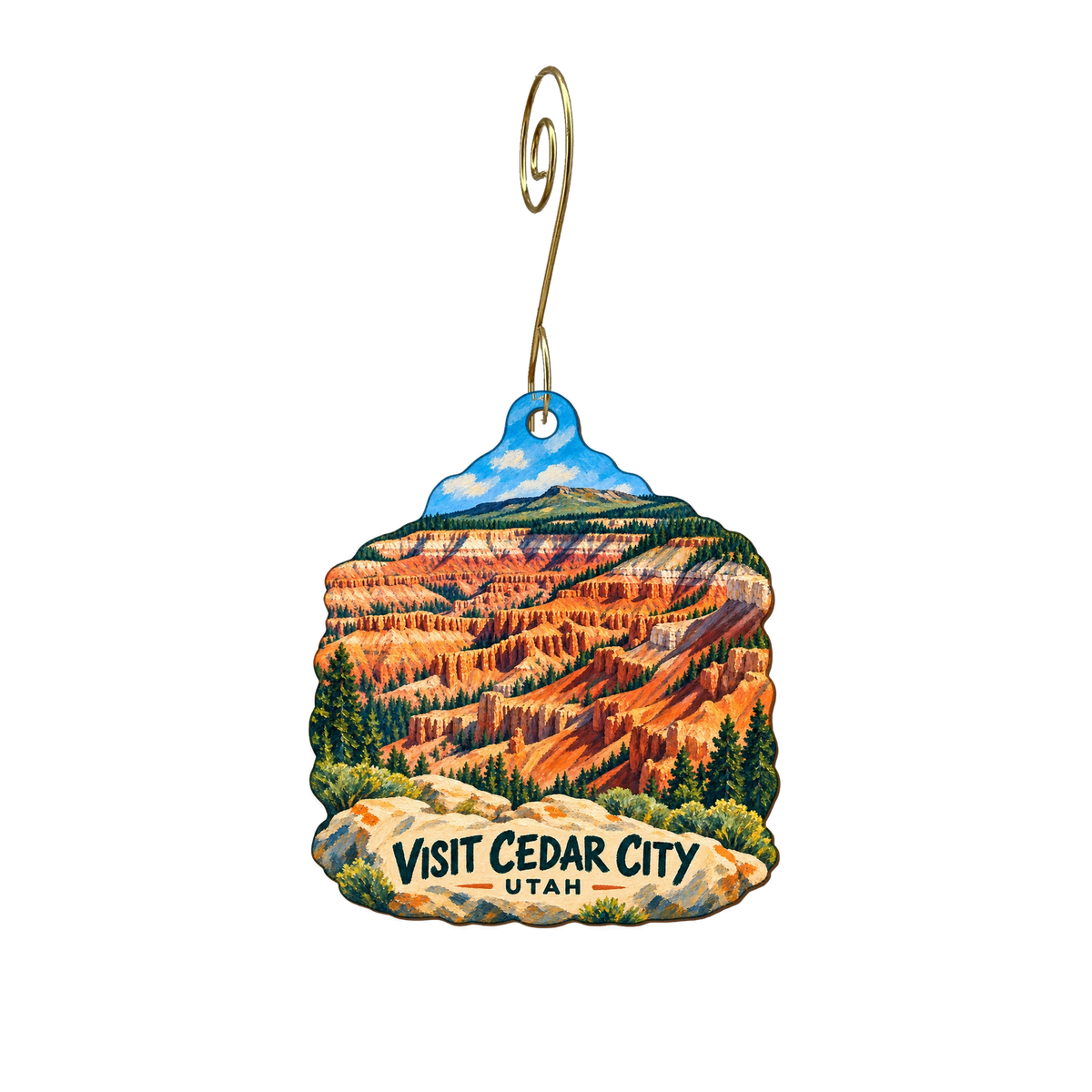 Visit Cedar City — Store identity custom wood ornament OC2189, photographic gold spiral hook