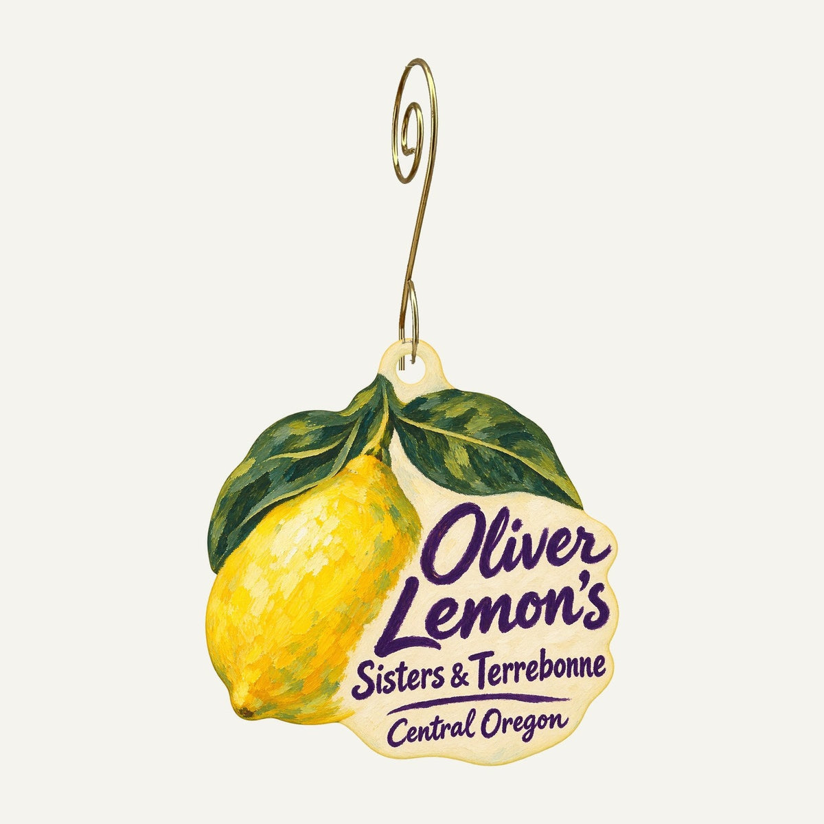 Oliver Lemon's Logo custom wood ornament OC218 hanging on hook