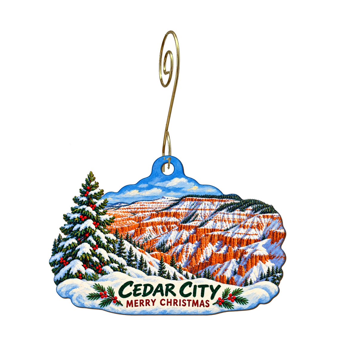 Visit Cedar City — Christmas custom wood ornament OC2190, photographic gold spiral hook
