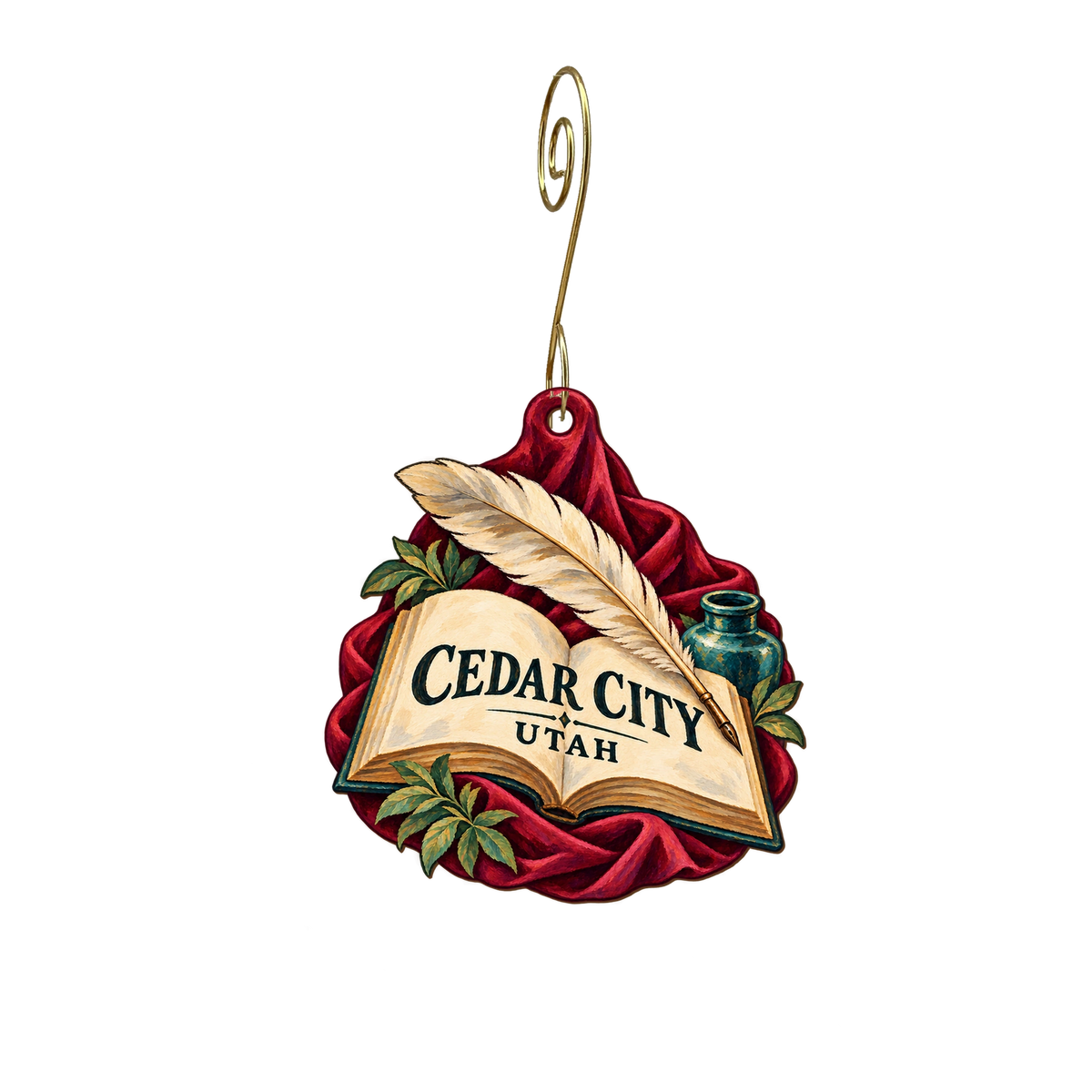 Visit Cedar City — Local inspiration custom wood ornament OC2191, photographic gold spiral hook