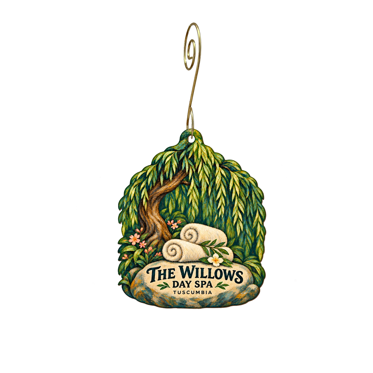 The Willow's Day Spa — Store identity custom wood ornament OC2192, photographic gold spiral hook