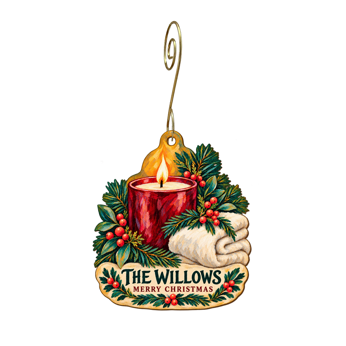 The Willow's Day Spa — Christmas custom wood ornament OC2193, photographic gold spiral hook