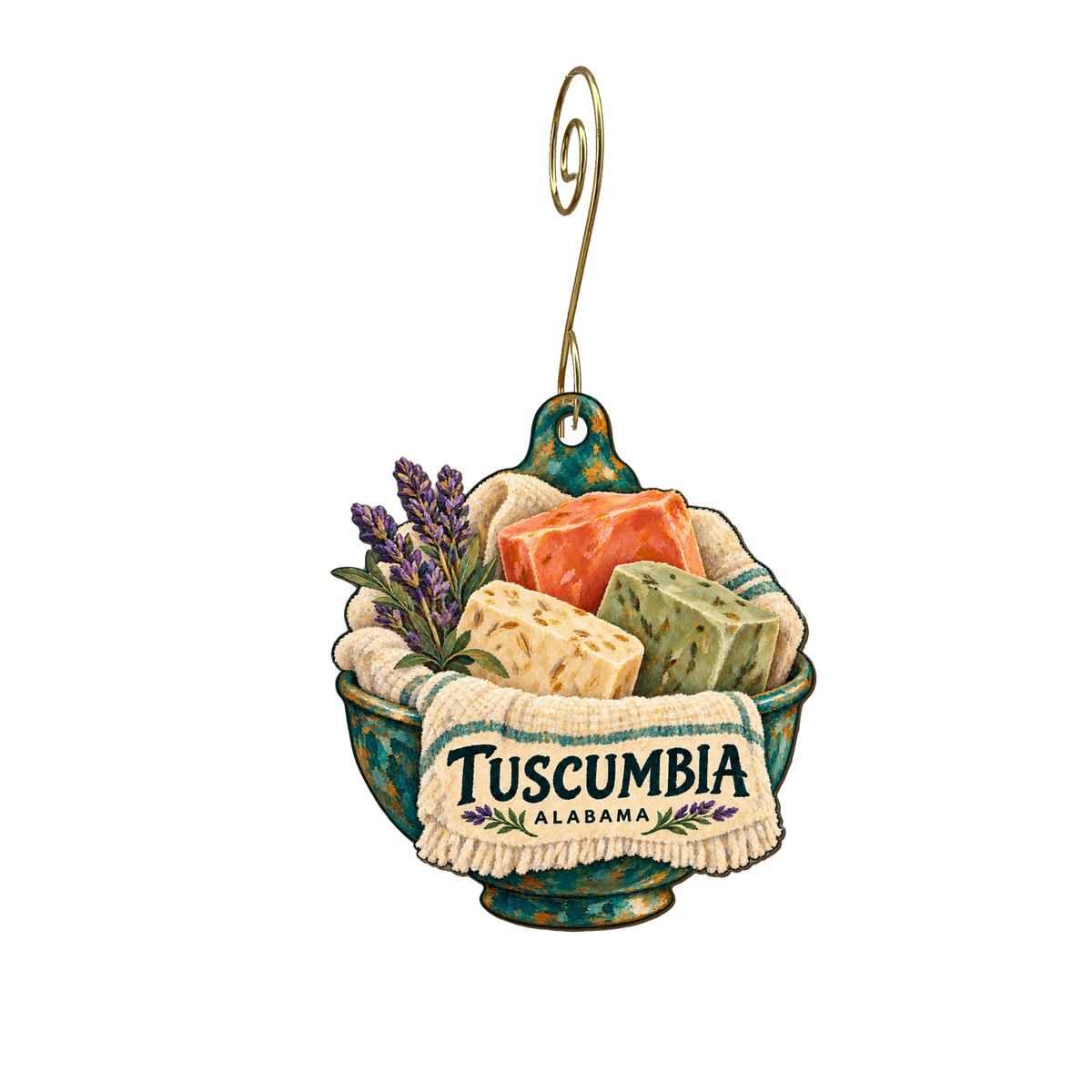 The Willow's Day Spa — Local inspiration custom wood ornament OC2194, photographic gold spiral hook