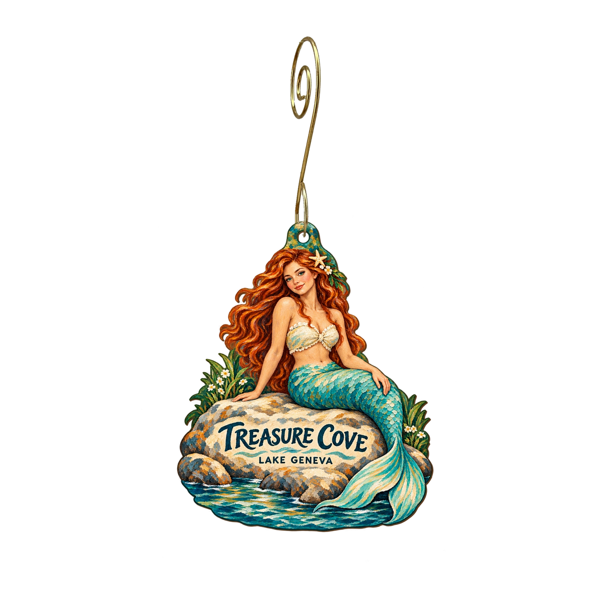 Treasure Cove — Store identity custom wood ornament OC2195, photographic gold spiral hook
