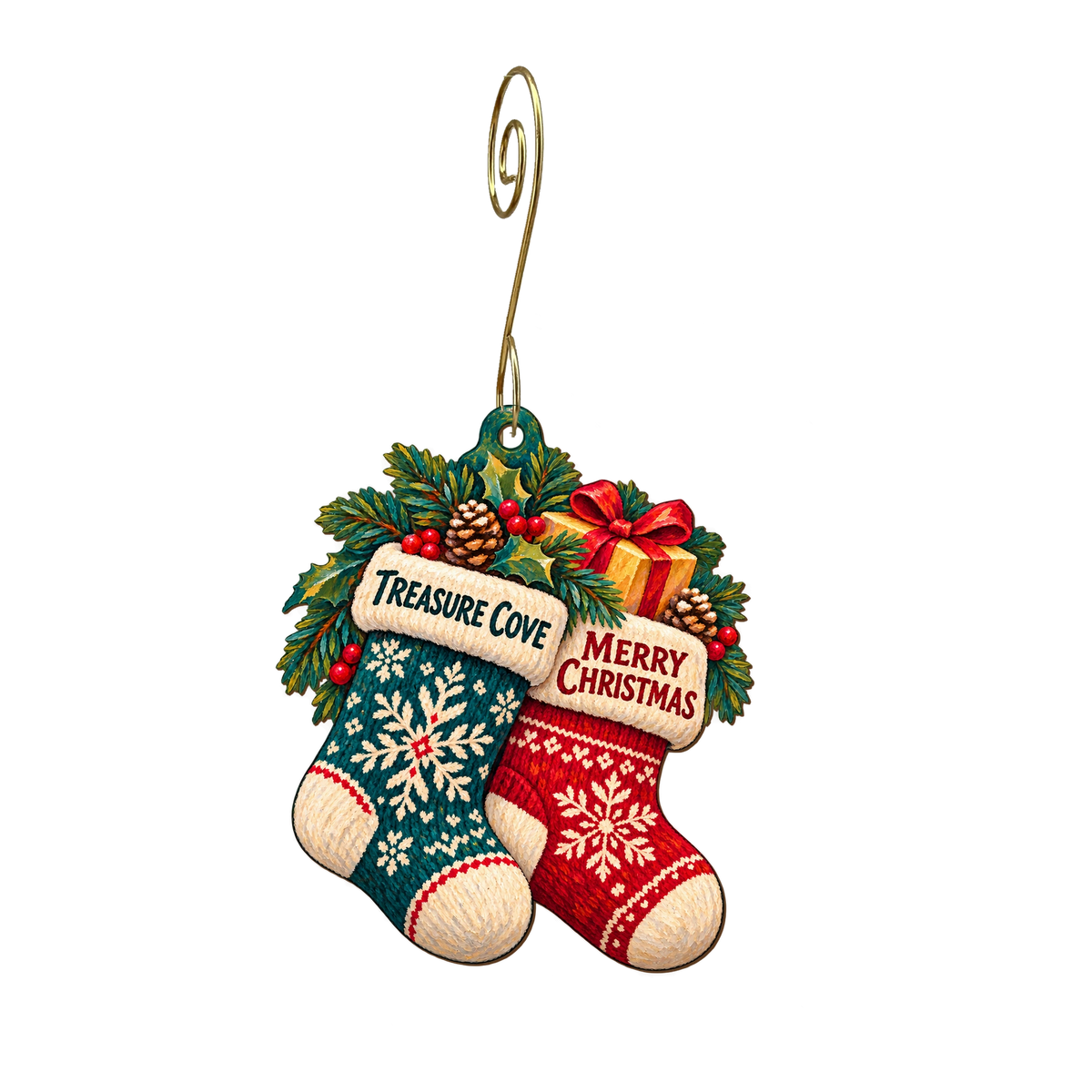 Treasure Cove — Christmas custom wood ornament OC2196, photographic gold spiral hook
