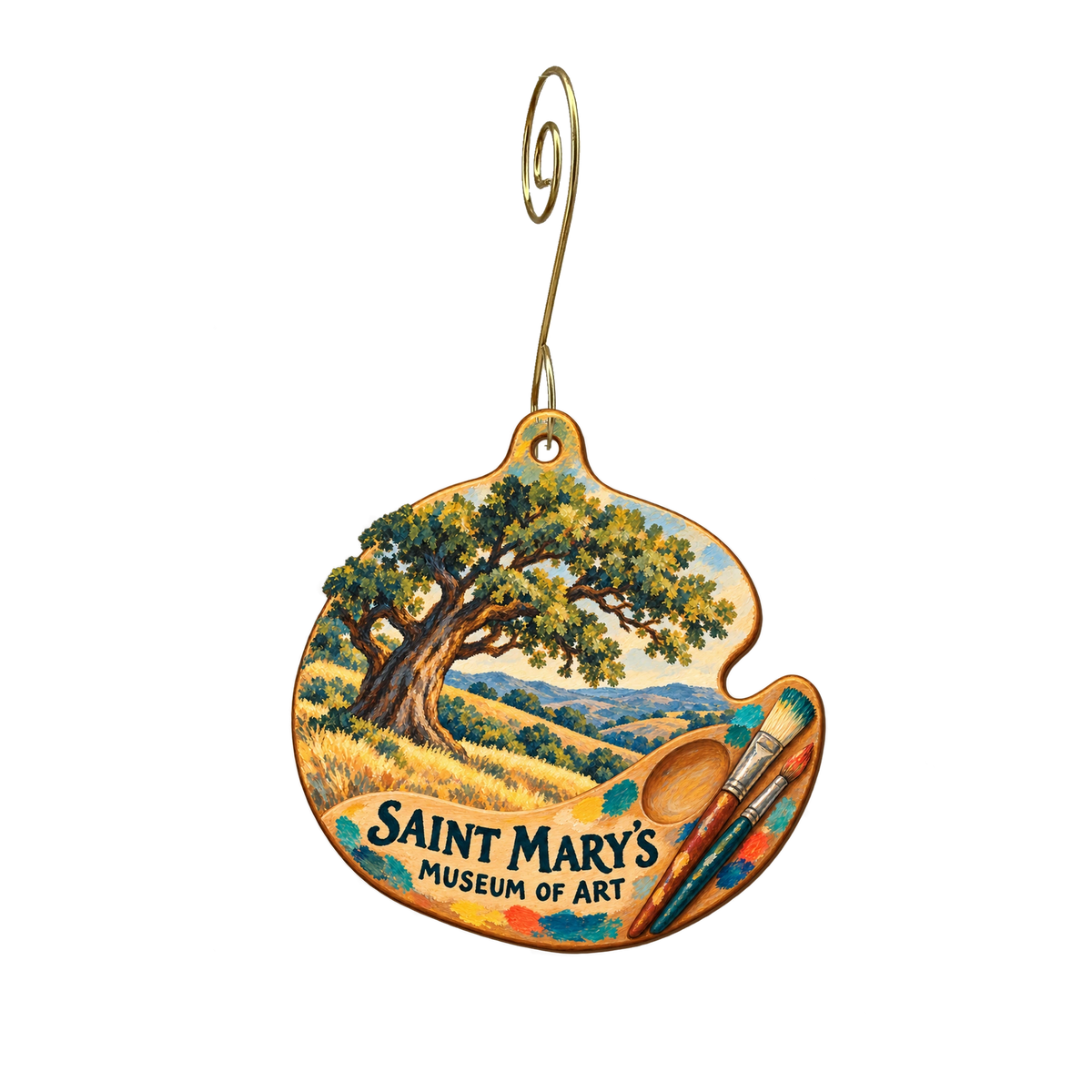 Saint Mary's College Museum of Art Store — Store identity custom wood ornament OC2198, photographic gold spiral hook