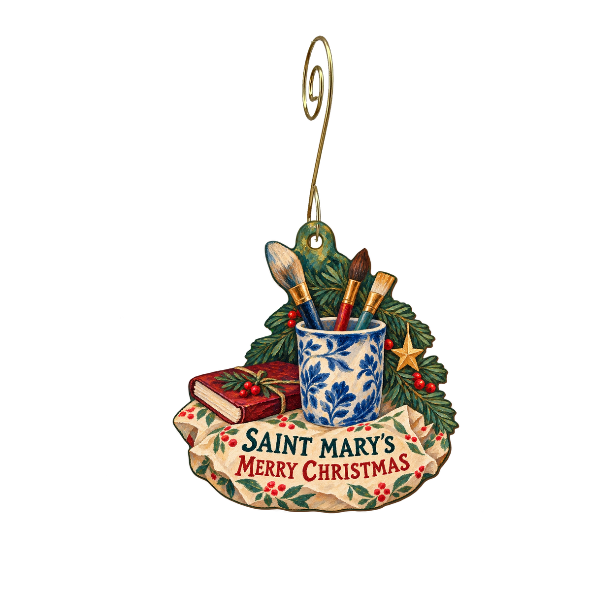 Saint Mary's College Museum of Art Store — Christmas custom wood ornament OC2199, photographic gold spiral hook