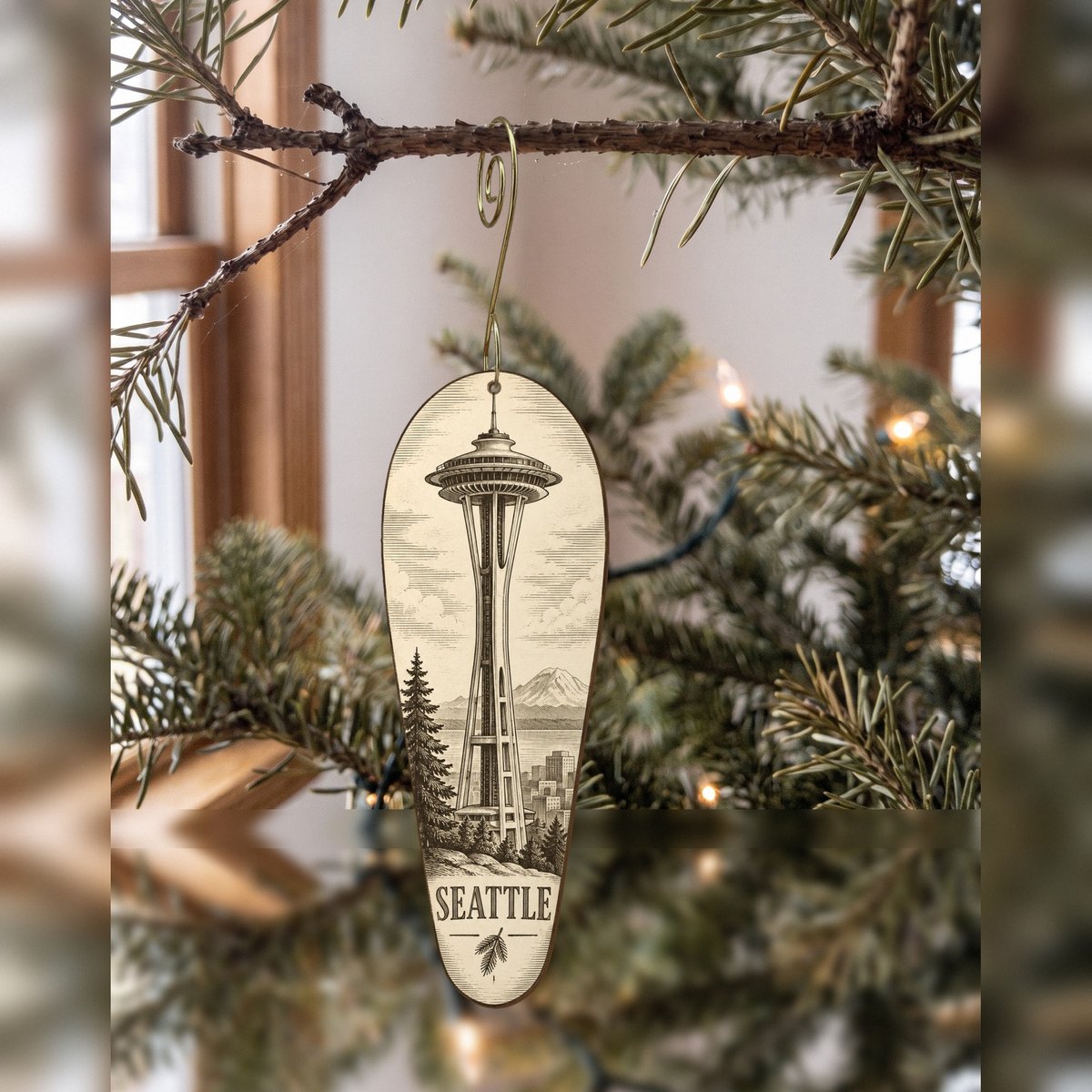 WA Seattle Etching-Inspired Linework Custom Wood Ornament (OC21)