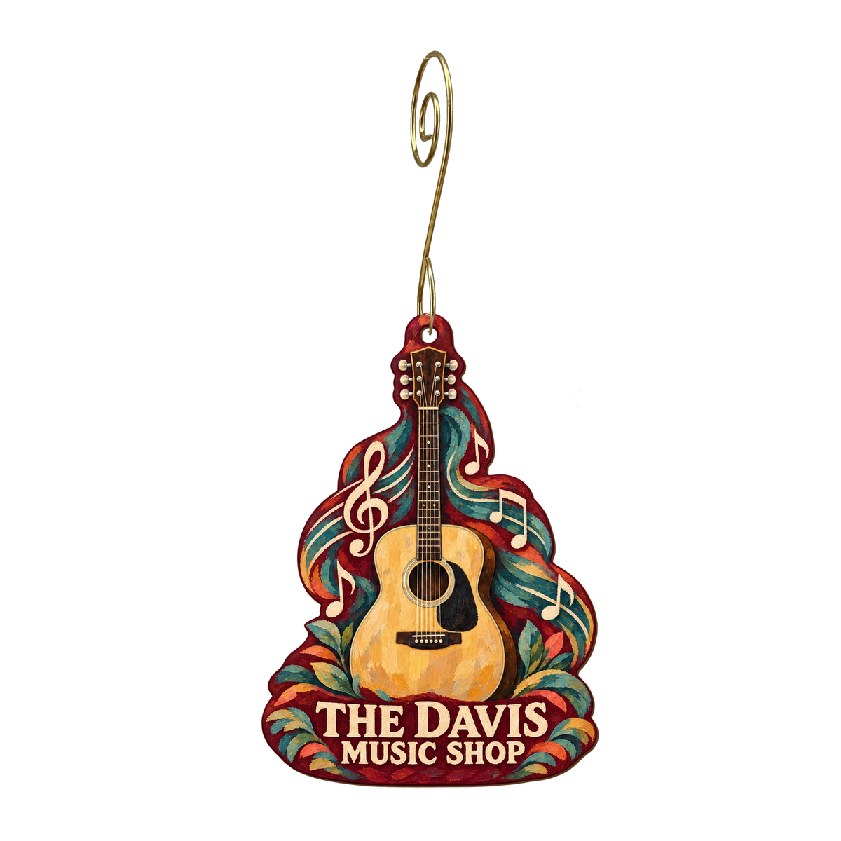 The Davis Music Shop — Store identity custom wood ornament OC2201, photographic gold spiral hook