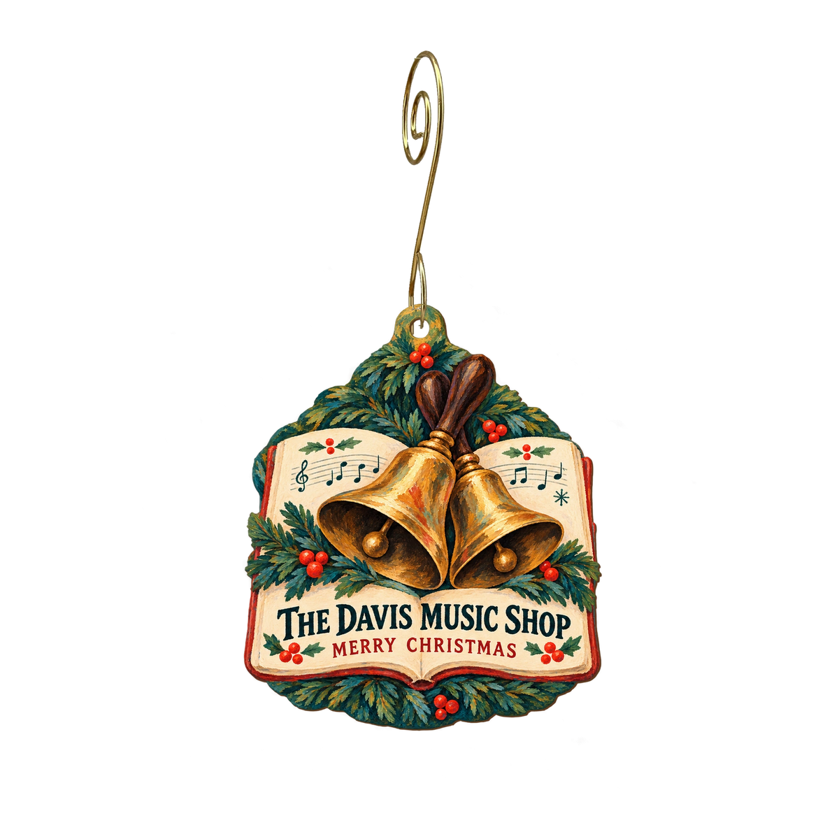 The Davis Music Shop — Christmas custom wood ornament OC2202, photographic gold spiral hook