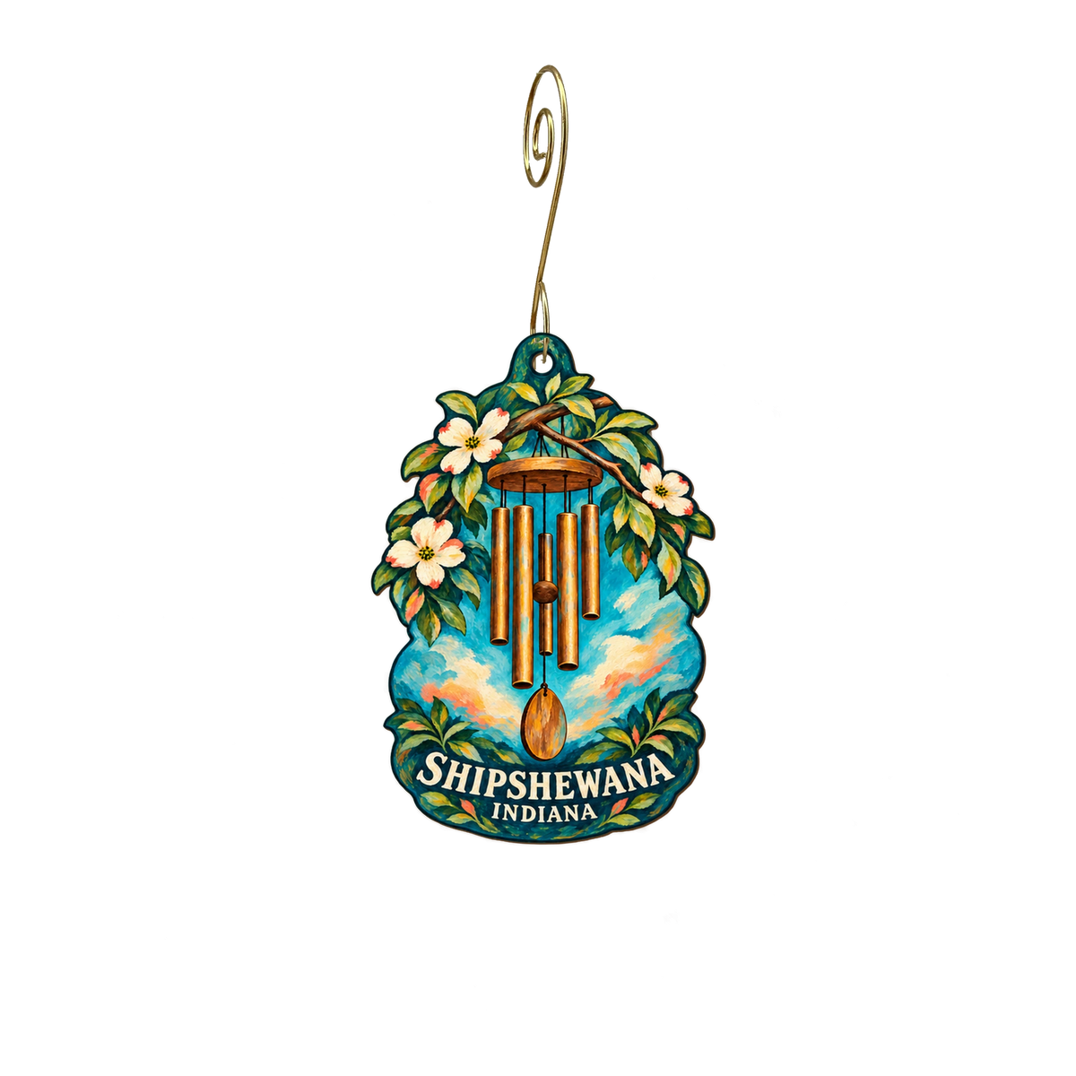 The Davis Music Shop — Local inspiration custom wood ornament OC2203, photographic gold spiral hook