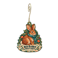 Red Rabbit Boutique — Store identity custom wood ornament OC2204, photographic gold spiral hook