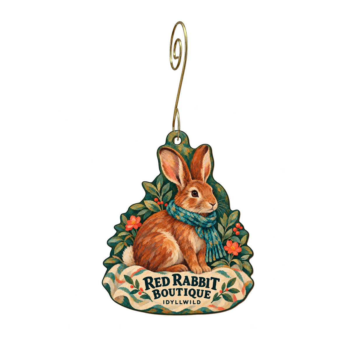 Red Rabbit Boutique — Store identity custom wood ornament OC2204, photographic gold spiral hook