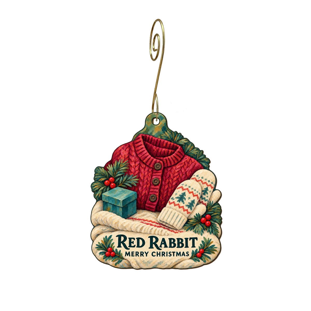 Red Rabbit Boutique — Christmas custom wood ornament OC2205, photographic gold spiral hook