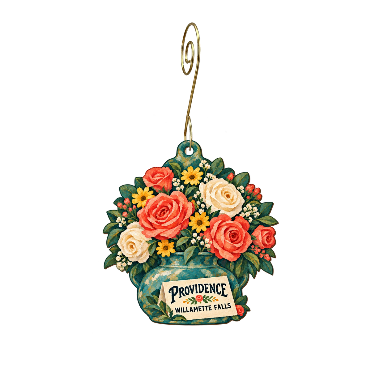 Providence Willamette Falls Medical — Store identity custom wood ornament OC2207, photographic gold spiral hook