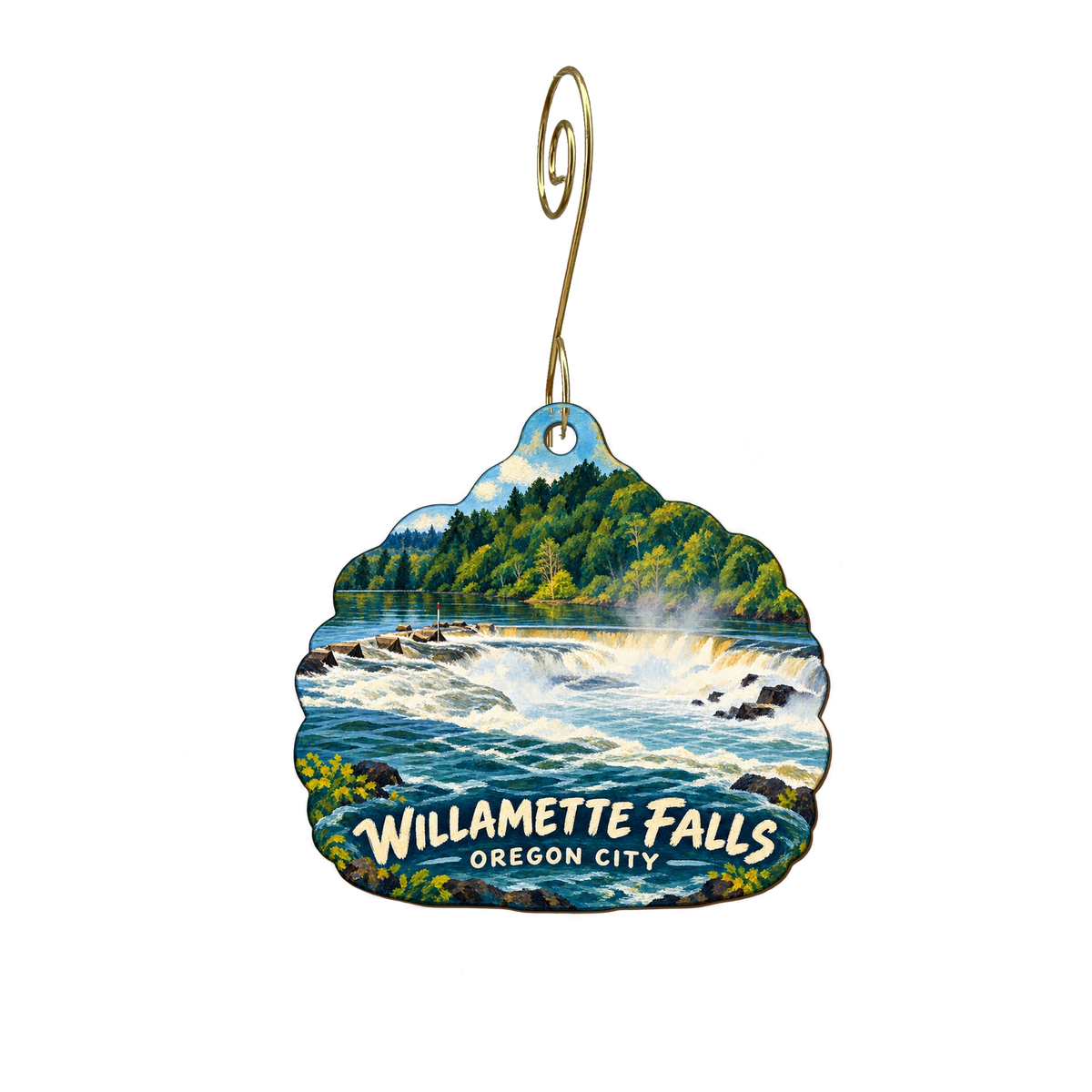 Providence Willamette Falls Medical — Local inspiration custom wood ornament OC2209, photographic gold spiral hook