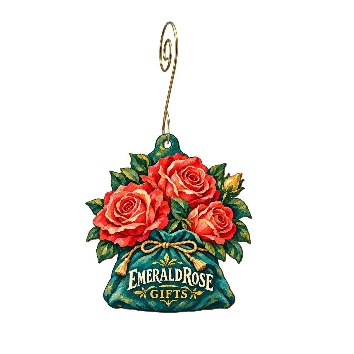 Emeraldrose Gifts — Store identity custom wood ornament OC2210, photographic gold spiral hook