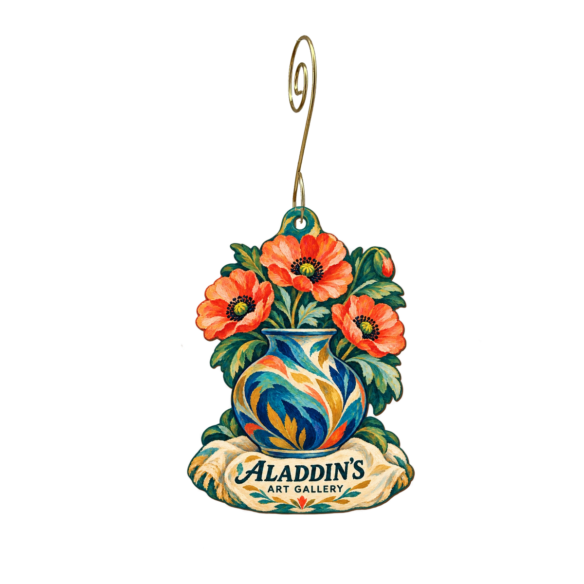 Aladdin's Art Gallery — Store identity custom wood ornament OC2213, photographic gold spiral hook