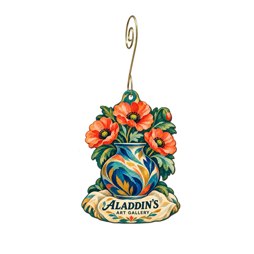 Aladdin's Art Gallery — Store identity custom wood ornament OC2213, photographic gold spiral hook