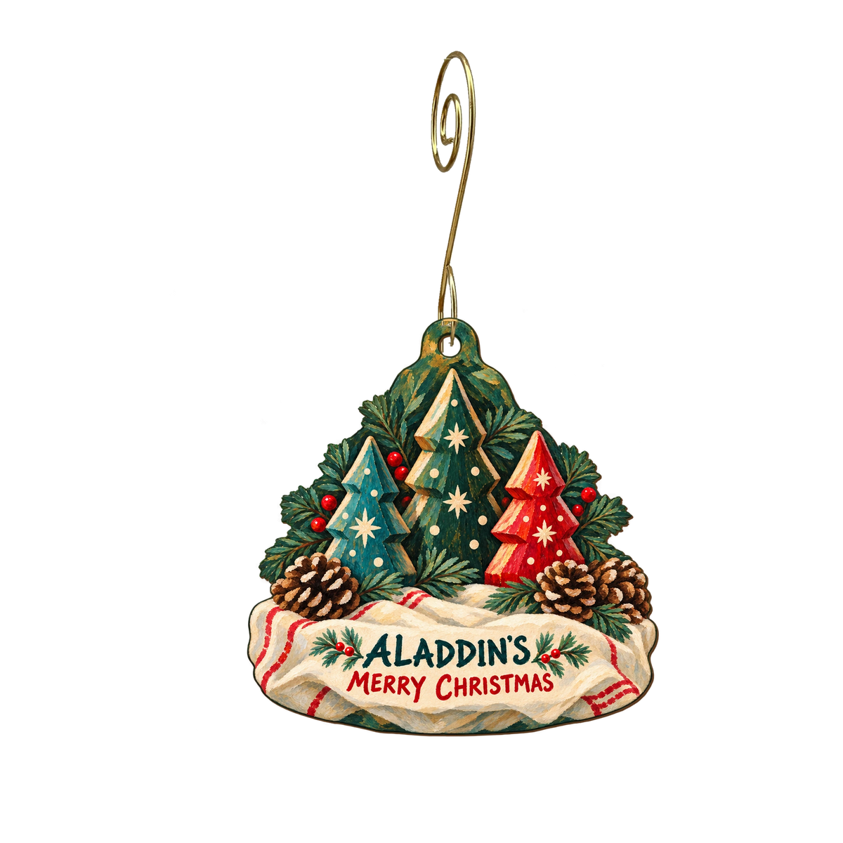 Aladdin's Art Gallery — Christmas custom wood ornament OC2214, photographic gold spiral hook