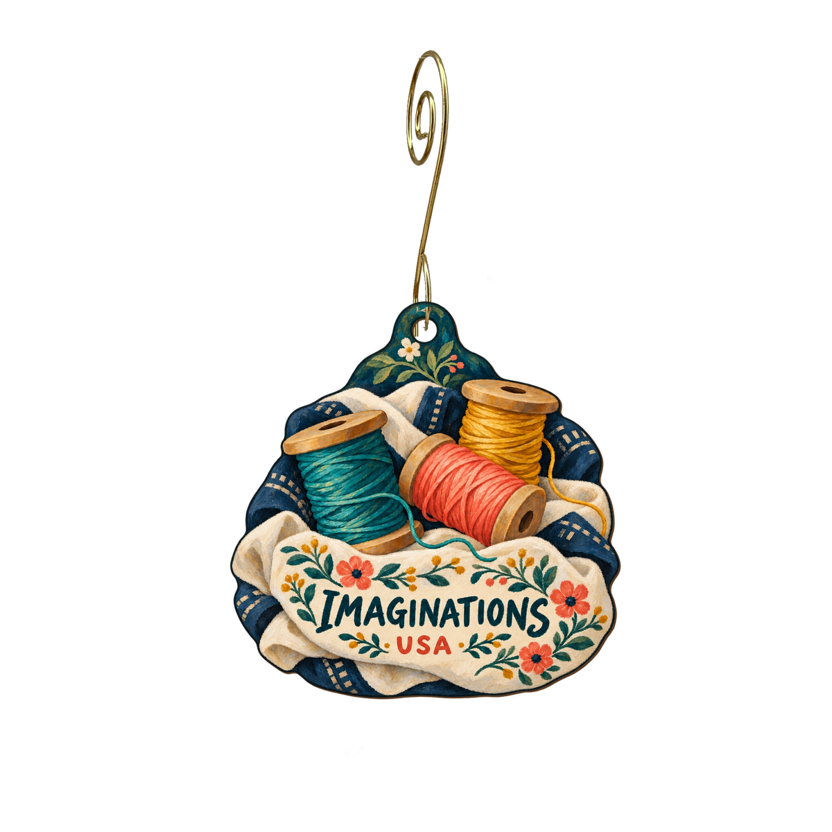 Imaginations USA — Store identity custom wood ornament OC2216, photographic gold spiral hook