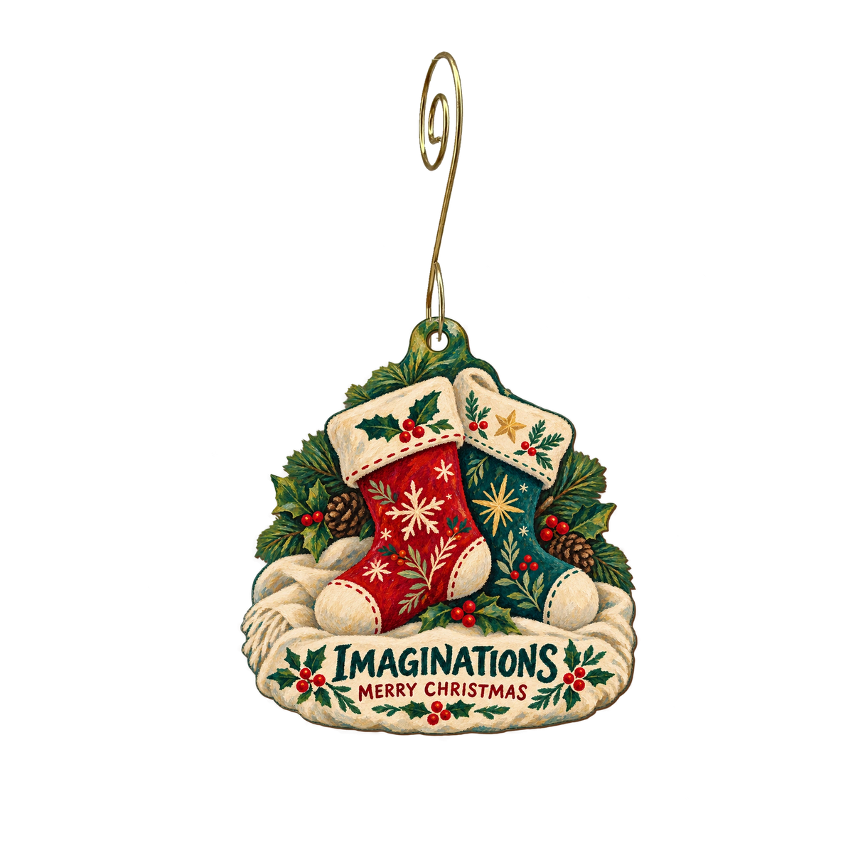 Imaginations USA — Christmas custom wood ornament OC2217, photographic gold spiral hook